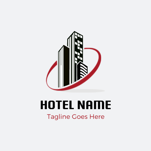 modern hotel logo design template featuring a sleek building illustration