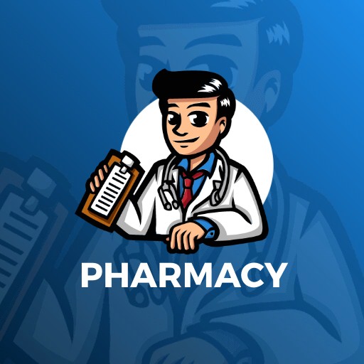illustrative pharmacy logo design template featuring a doctor figure