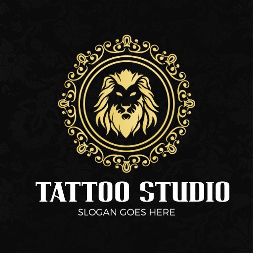 luxurious tattoo shop logo design template featuring a golden lion symbol