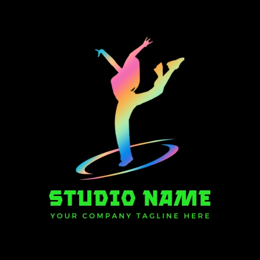 neon dance studio logo design template with a glowing silhouette of a girl dancing
