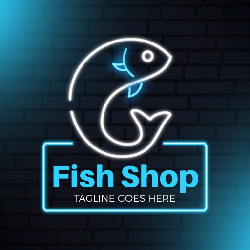 Neon Fish Shop Logo with a Sleek Outline and Radiant Blue Frame