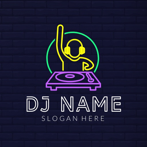 Vibrant Neon DJ logo Template With Turntable & Playful Silhouette