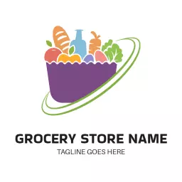Orbiting fruits vegetables basket  grocery logo idea