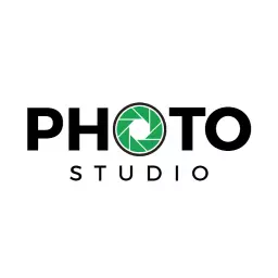 Bold black photo studio logo template with green camera aperture icon